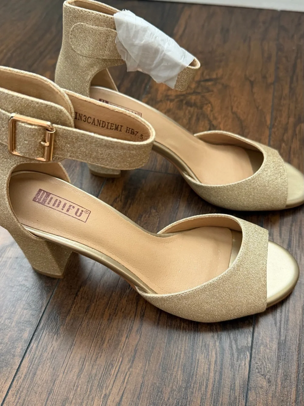 DIDIFU Gold Glitter Chunky Heel Size 7.5 Sparkle